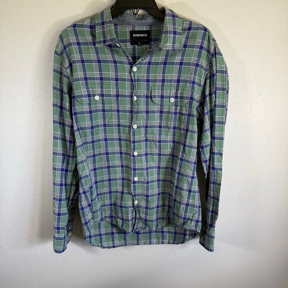 Men’s L Blue and Green Bonobos Fall Plaid Slim Fit Casual Staple Button Up